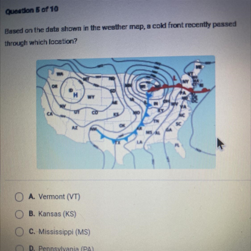 Based on the data shown in the weather map, a cold front recently passed through which-example-1