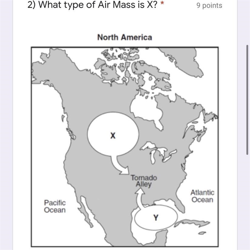 2) What type of Air Mass is X? * North America cP cT mP mT-example-1