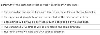 Select all or the statements that correctly desenbe DNA structure: The pyrimidine-example-1