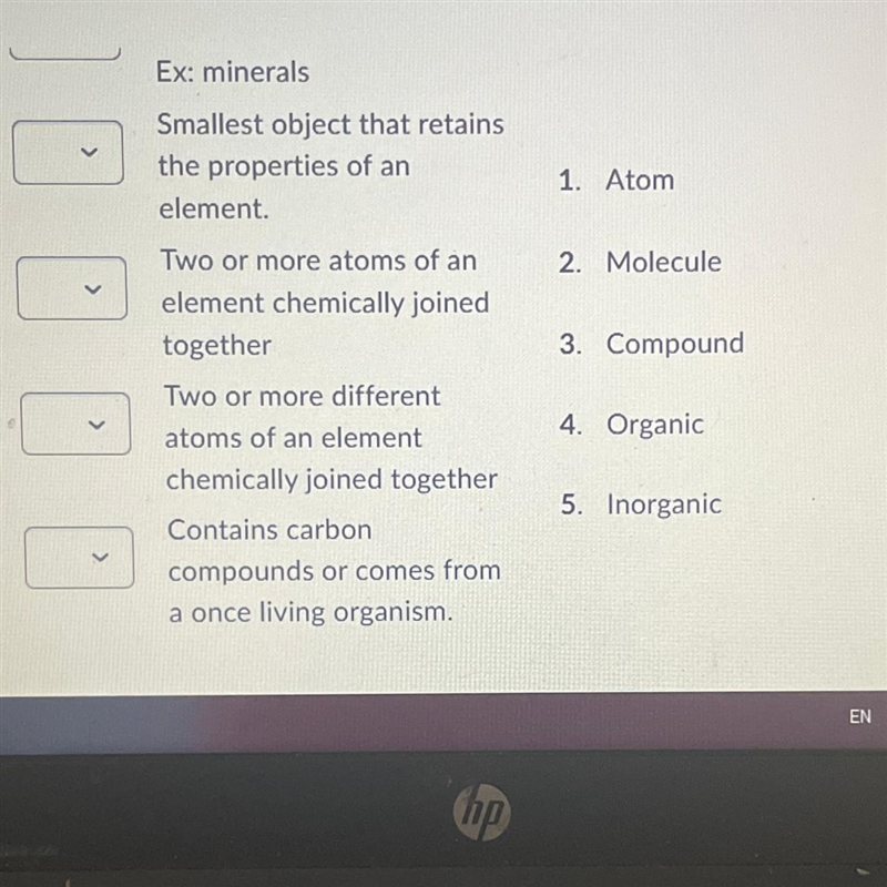 Match the following vocabulary terms to their correct definitions. Does NOT contain-example-1