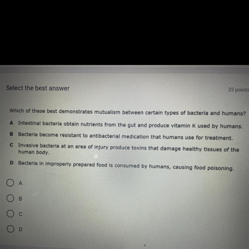 Which of these best demonstrates mutualism between certain types of bacteria and humans-example-1