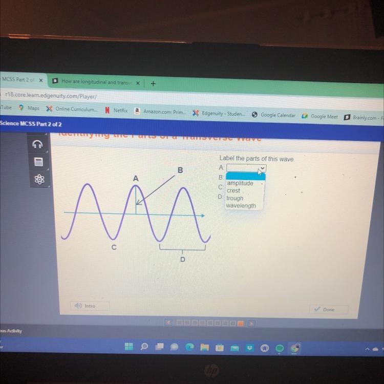 Label the parts of this wave. A B В: A C > o D < mi С D-example-1