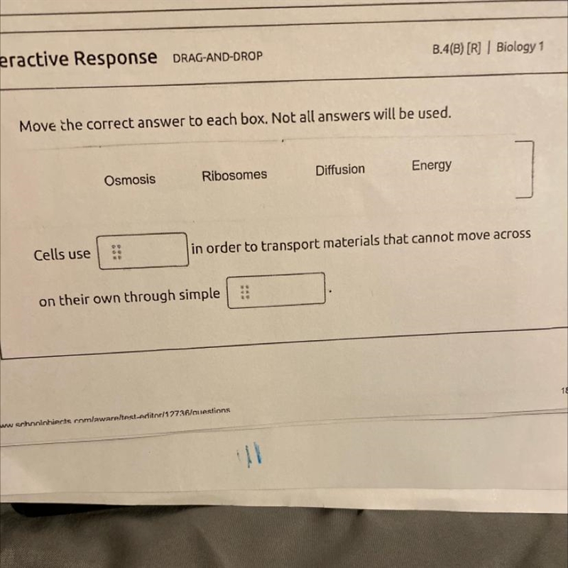 Chose one answer for each space Answer choices: A. Osmosis B. Ribosomes C. Diffusion-example-1