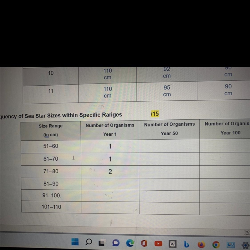 Frequency Table 1: Frequency of Sea Star Sizes within Specific Ranges Size Range Number-example-1