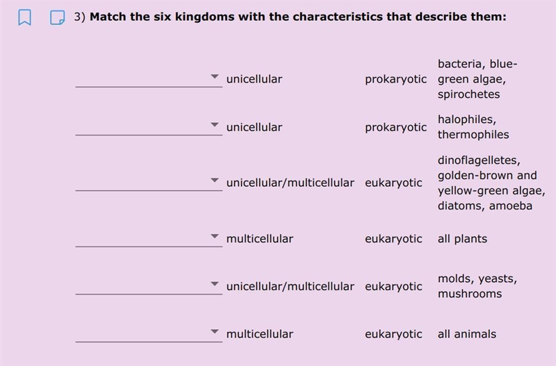 Match the six kingdoms with the characteristics that describe them a) archaea b) planetaria-example-1