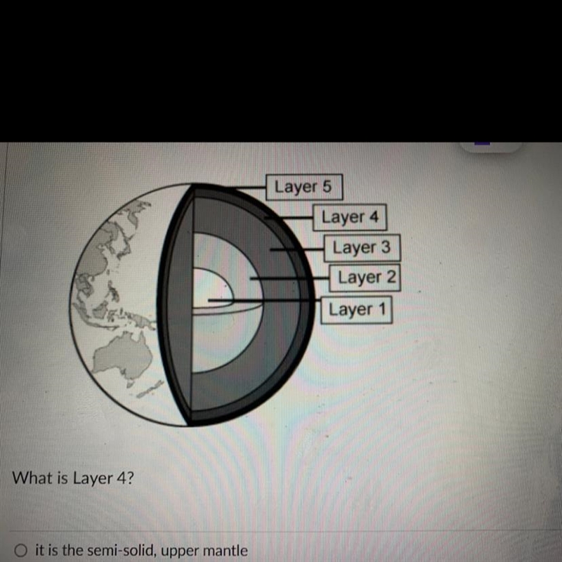 PLEASE HELP!!!! What is Layer 4? O it is the semi-solid, upper mantle O it is the-example-1