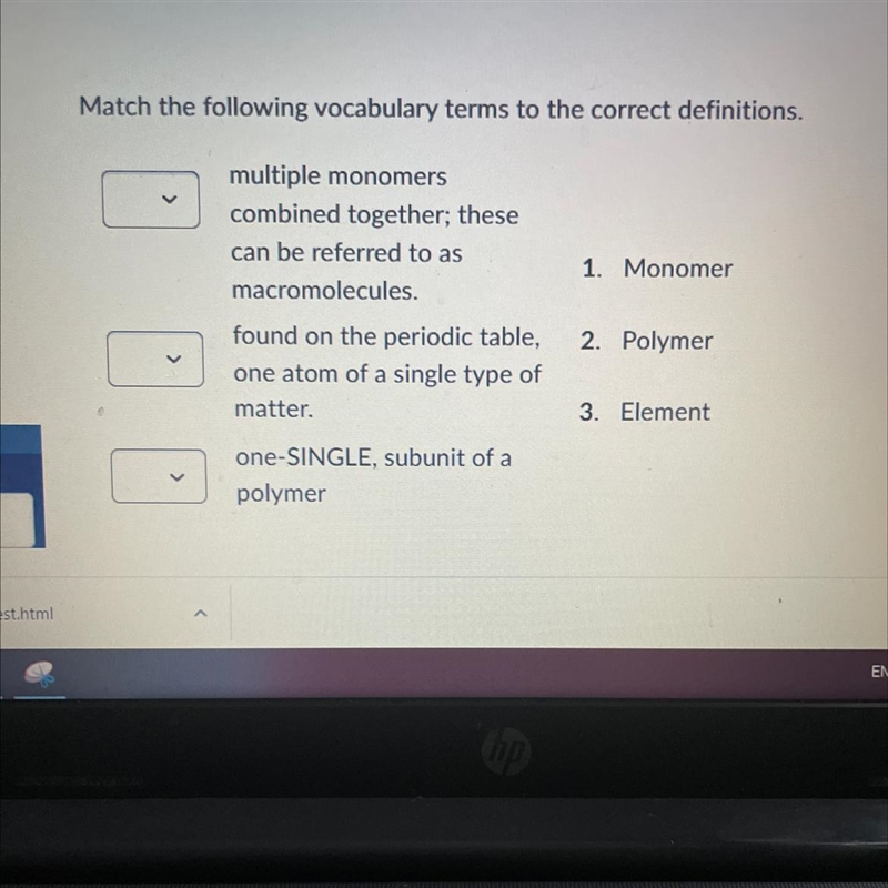 Match the following vocabulary terms to the correct definitions. multiple monomers-example-1