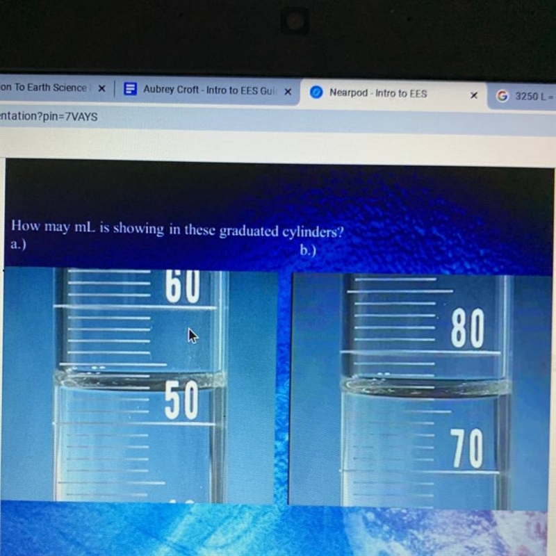 How may mL is showing in these graduated cylinders? a.) b.) 60 80 50 70-example-1