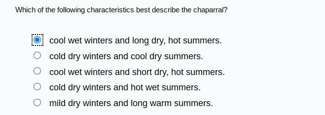 Which of the following characterizes best describe the chapparral?-example-1