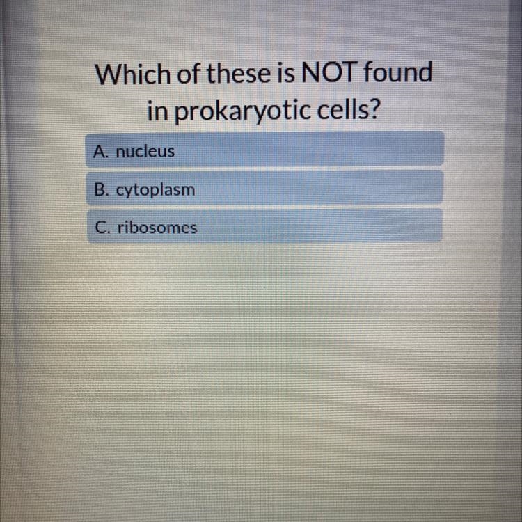 Which of these is NOT found in prokaryotic cells? A. Nucleus B. Cytoplasm C. Ribosomes-example-1