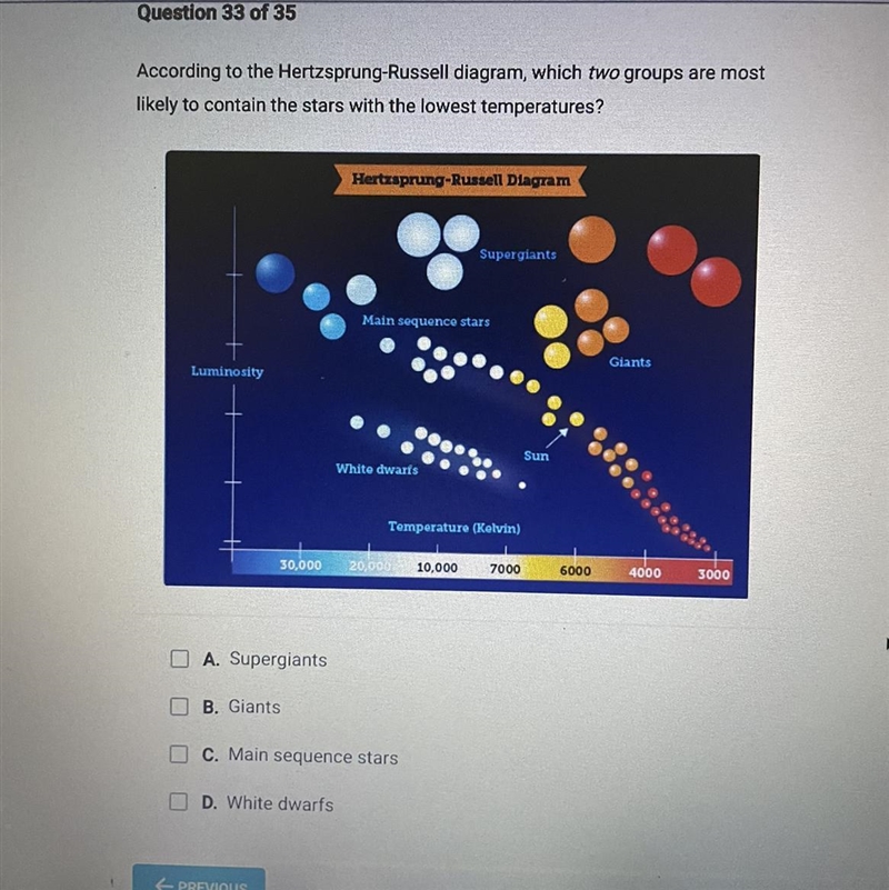 According to the Hertzsprung-Russell diagram, which two groups are most likely to-example-1