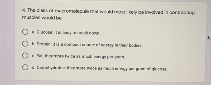 I need help. The class of macromolecule that would most likely be involved in contracting-example-1