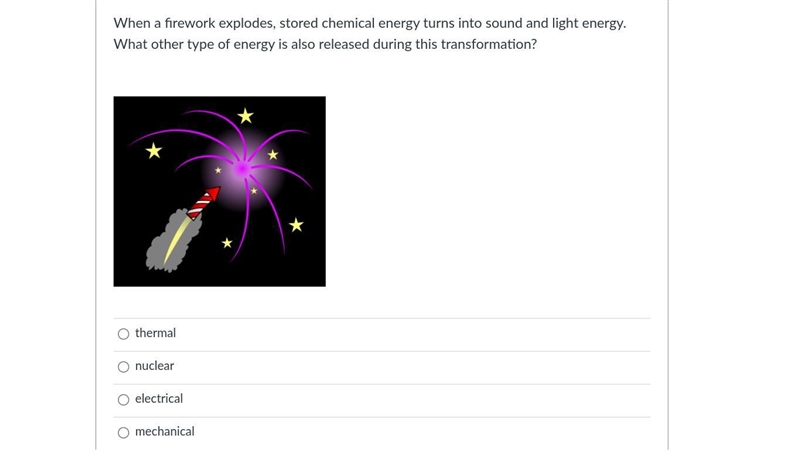 When a firework explodes, stored chemical energy turns into sound and light energy-example-1