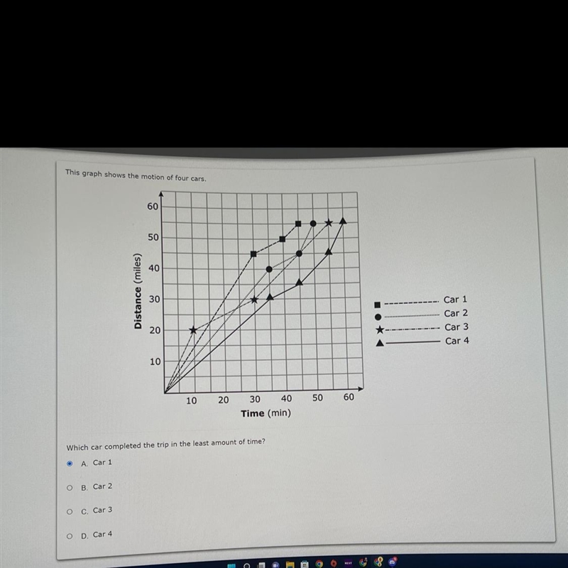 This graph shows the motion of four cars. 60 50 40 Distance (miles) 30 20 Car 1 Car-example-1