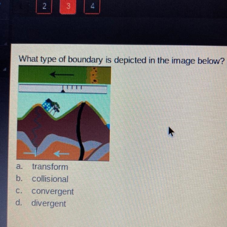 What type of boundary is depicted in the image below? a. transform b. collisional-example-1