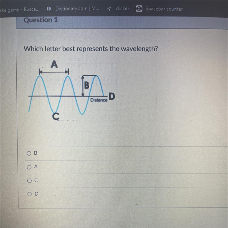 Which letter best represents the wavelength? A B C D-example-1