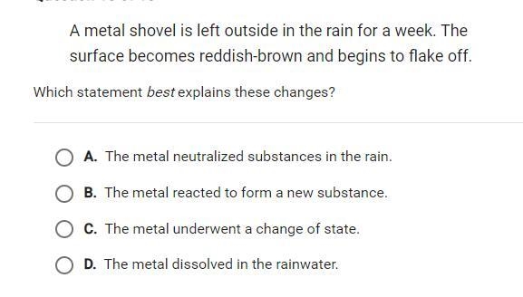 a metal shovel is left outside in the rain for a week. the surface becomes reddish-example-1