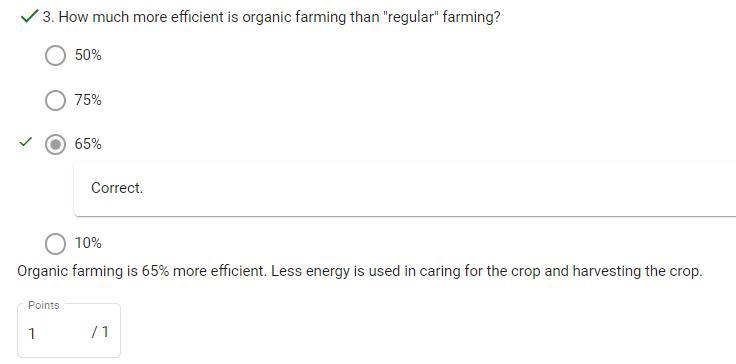 How much more efficient is organic farming than "regular" farming? 10% 75% 50% 65% 65% IS-example-1