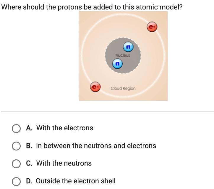 Where should the protons be added to this atomic model? A. With the electrons B. In-example-1