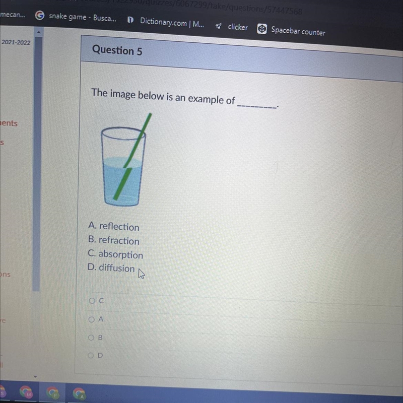 The image below is an example of A. reflection B. refraction C. absorption D. diffusion-example-1