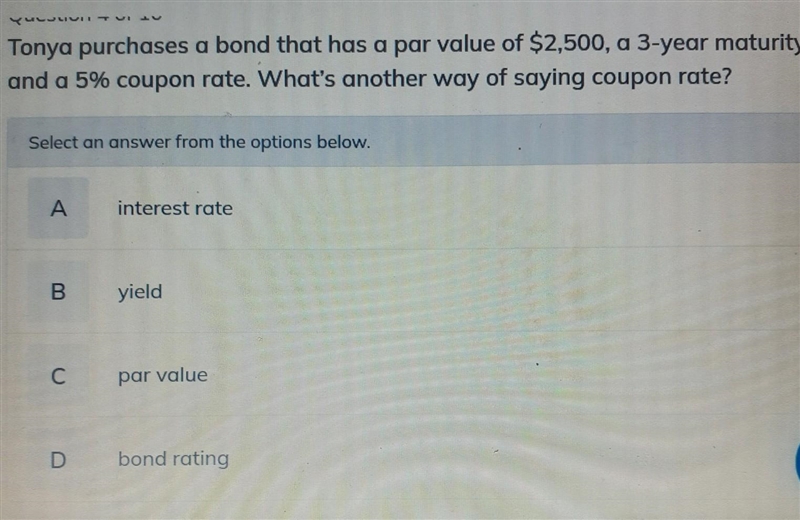 Tonya purchases a bond that has a par value of $2,500, a 3-year maturity, and a 5% coupon-example-1