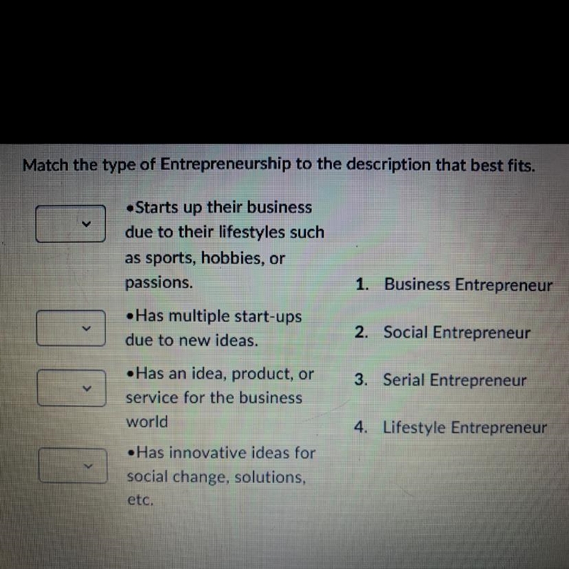 Match the type of entrepreneurship to the description that best fits-example-1