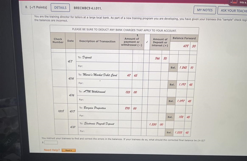 The balances are incorrect. Check Number 1205 PLEASE BE SURE TO DEDUCT ANY BANK CHARGES-example-1