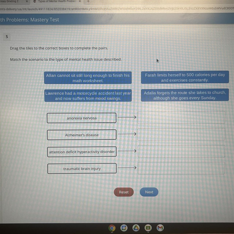 Match the scenario to the type of mental health issue described ?.-example-1