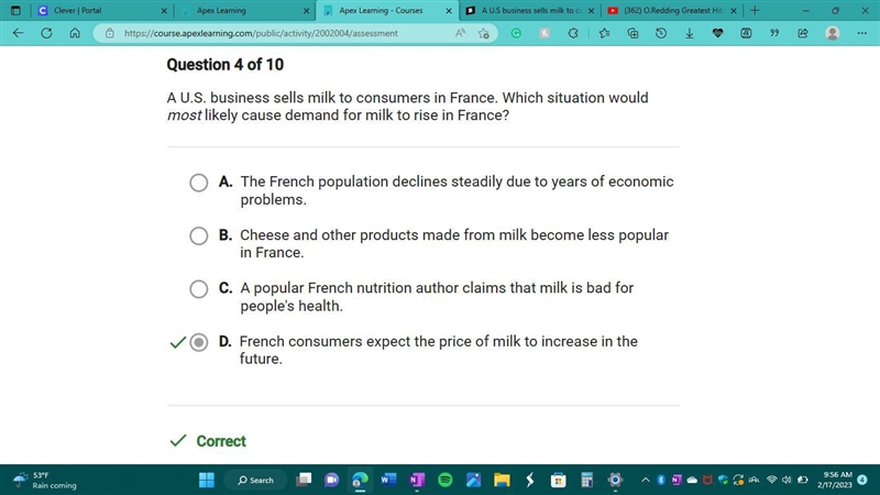 A U.S business sells milk to consumers in France. Which situation would most likely-example-1