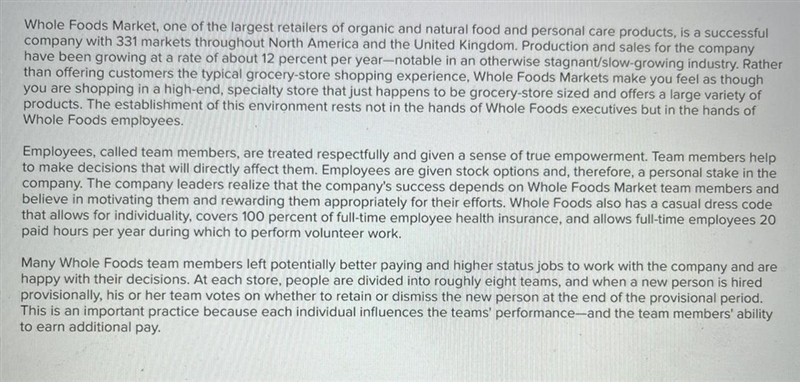 Executives at Whole Foods Markets believe that their competitive advantage depends-example-1