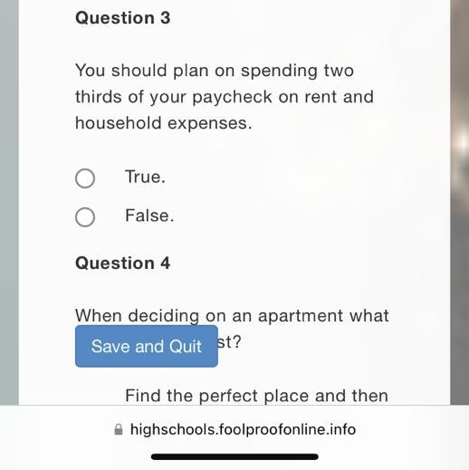 Question 3 You should plan on spending two thirds of your paycheck on rent and household-example-1