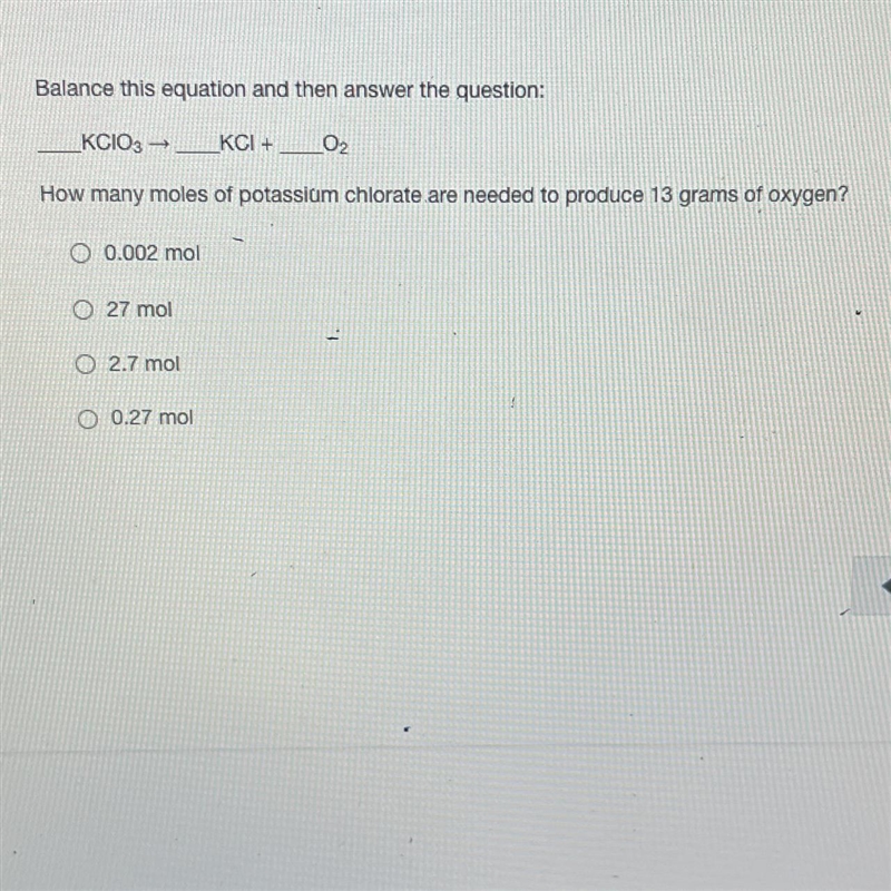 Balance this equation and then answer the question: How many miles of potassium chlorite-example-1