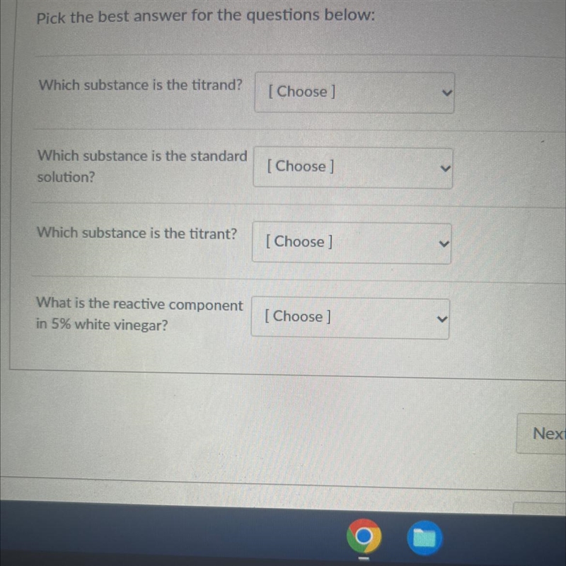 The answer choices are NaCI, the blue/pink color, sodium hydroxide,acetic acid, the-example-1