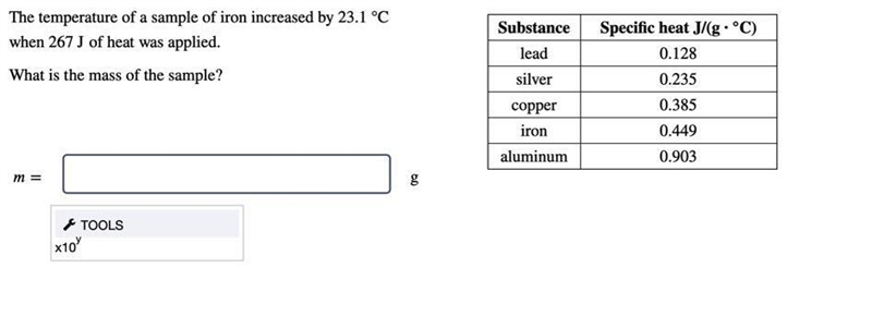 The temperature of a sample of iron increased by 23.1 °C when 267 J of heat was applied-example-1