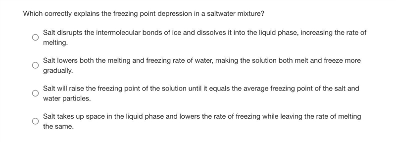 Which correctly explains the freezing point depression in a saltwater mixture?-example-1