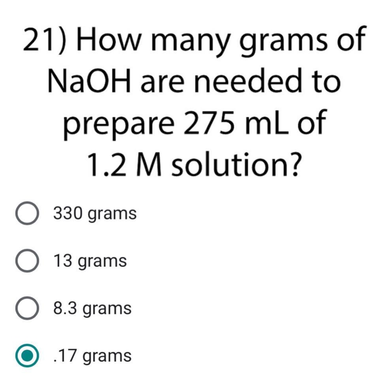 How many grams ofNaOH are needed toprepare 275 mL of1.2 M solution?-example-1