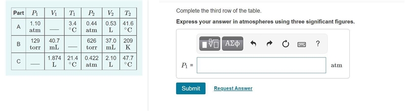 Complete the third row of the table.Express your answer in atmospheres using three-example-1