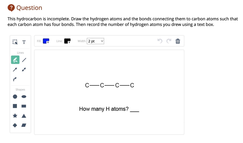 This hydrocarbon is incomplete. Draw the hydrogen atoms and the bonds connecting them-example-1