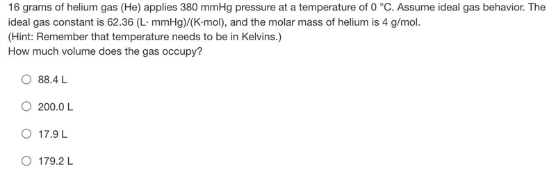 16 grams of helium gas (He) applies 380 mmHg pressure at a temperature of 0 °C. Assume-example-1