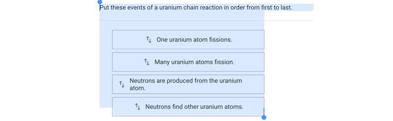 Put these events of a uranium chain reaction in order from first to last.swap_vertOne-example-1