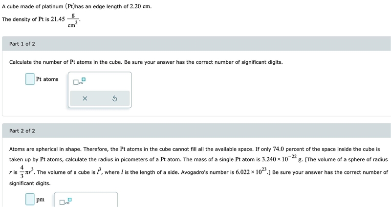 Calculate the number of Pt atoms in the cube and find the radius in picometers of-example-1