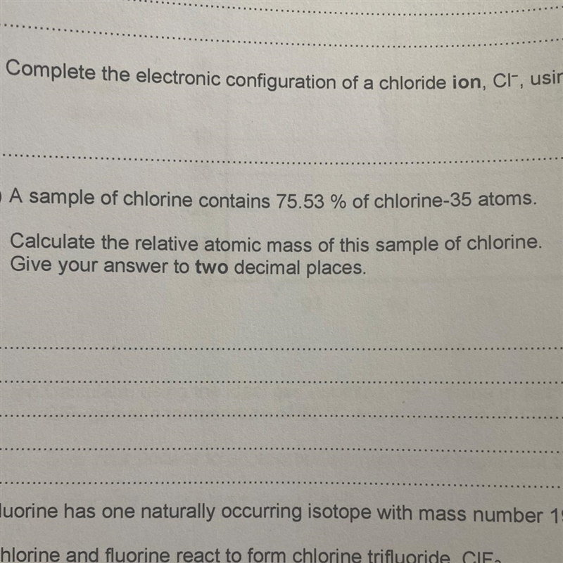 Calculate the relative atomic mass of this sample of chlorine. Two decimal places-example-1