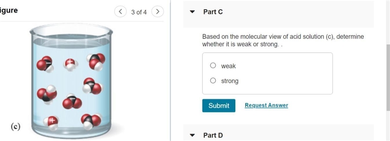 Based on the molecular view of acid solution (c), determine whether it is weak or-example-1