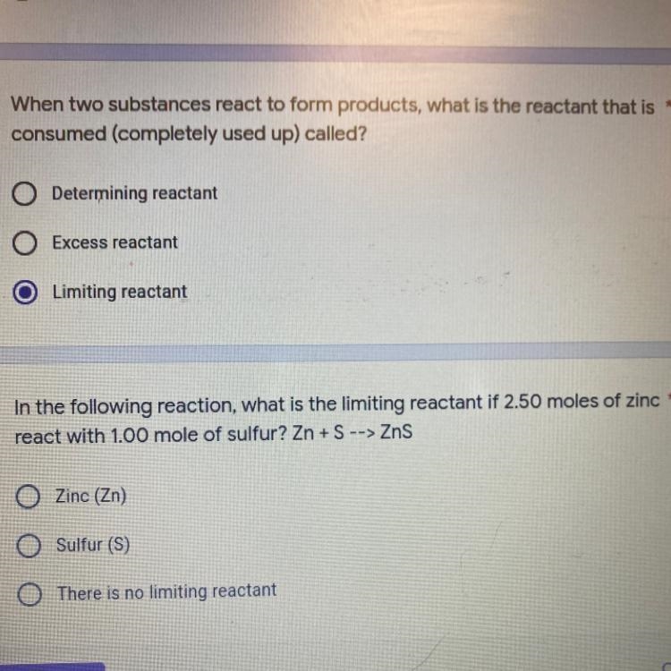 What is the limiting reactant if 2.50 moles of zinc react with 1.00 mole of sulfur-example-1