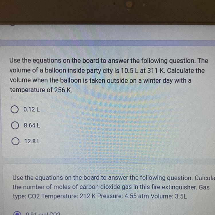 The volume of a balloon inside party city is 10.5 L at 311 K. Calculate the volume-example-1