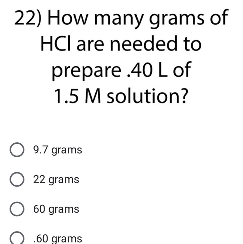 How many grams ofHCl are needed toprepare .40 L of1.5 M solution?-example-1