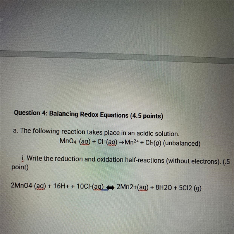 PLEASE HELP AND FAST I NEED TO GET THIS DONE. iv. Balance the charge in the half-reactions-example-1