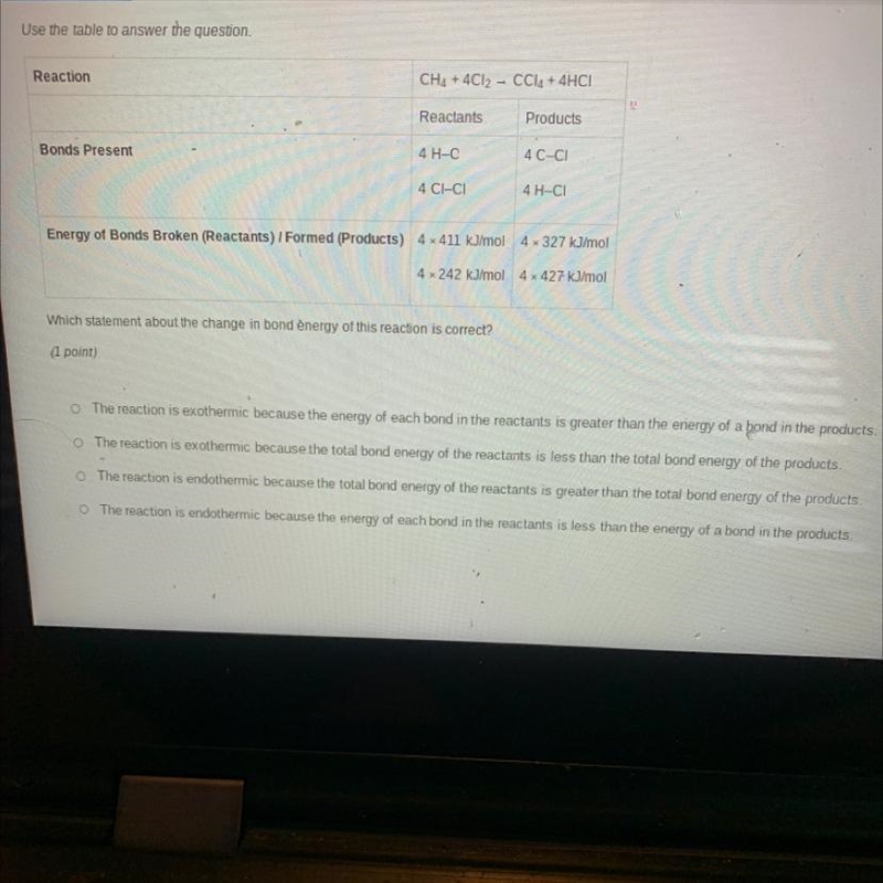 Which statement about the change in bond energy of this reaction is correct?(1 point-example-1