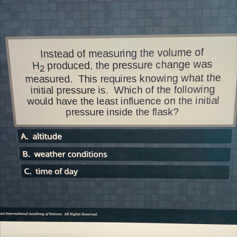 Instead of measuring the volume ofH2 produced, the pressure change wasmeasured. This-example-1