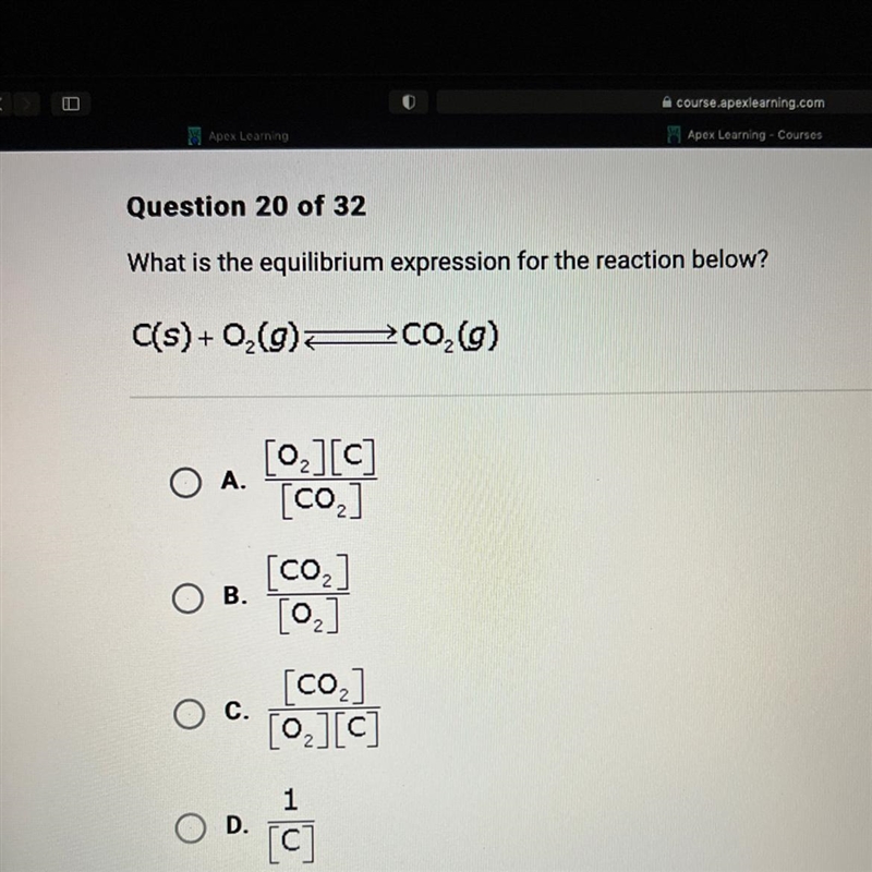 What is the equilibriumC(s) + O₂(g) — CO₂(g)expression for the reaction below?-example-1